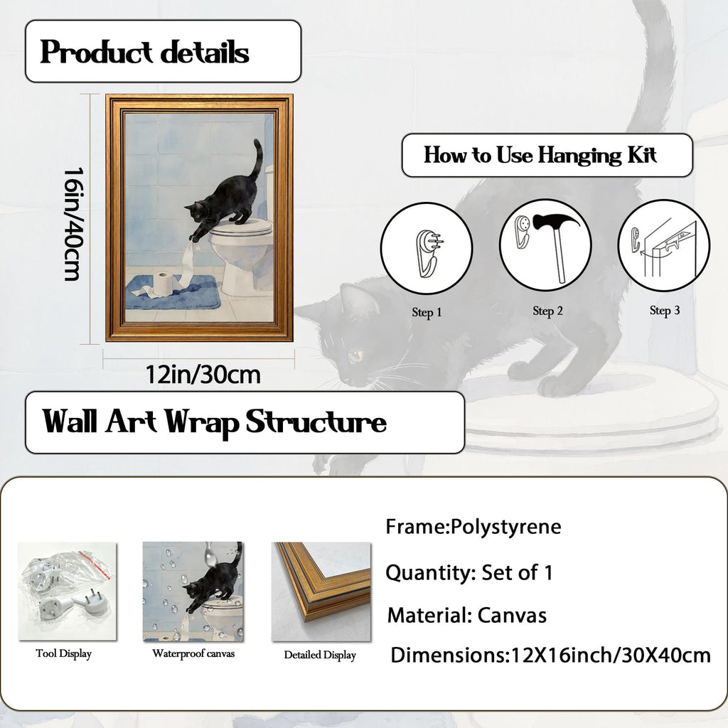 Vintage Gold Framed Funny Bathroom Canvas Wall Art, Cute Black Cat Toilet Paper Pictures Wall Decor, Whimsical Animal