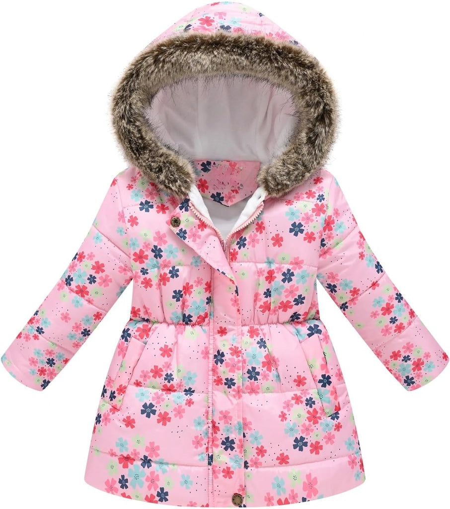 Girls Winter Coat Jacket Fur Hooded Long Puffer Jacket Flower Print Warm Outdoor Coats for Kids