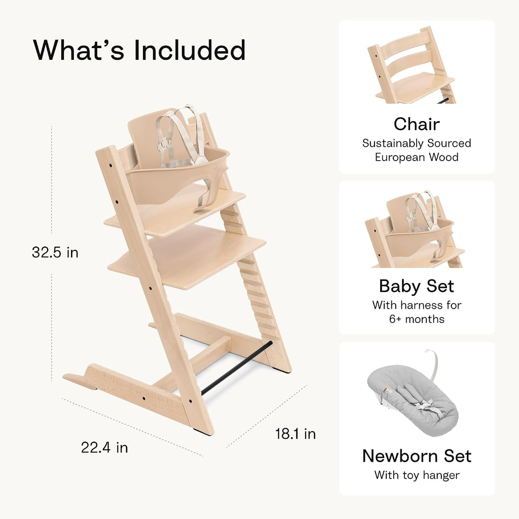 Tripp Trapp High Chair with Newborn Set and Tray, Natural/Grey | Includes Chair, Newborn Set, Removable Harness