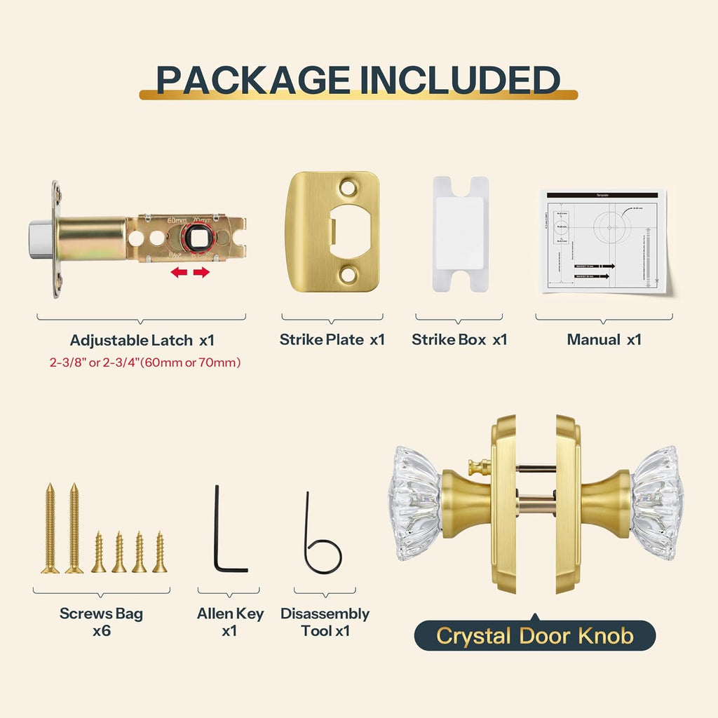 Brushed Gold Privacy Crystal Door Knob, Gold Vintage Crystal Door Knob with Privacy Lock, Glass Doorknob Interior