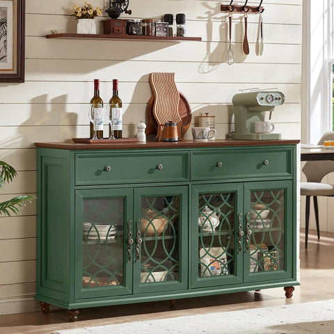 Farmhouse Sideboard Buffet Cabinet with Storage,Adjustable Shelves Console Table,59" Large Credenza with 4 Glass Doors
