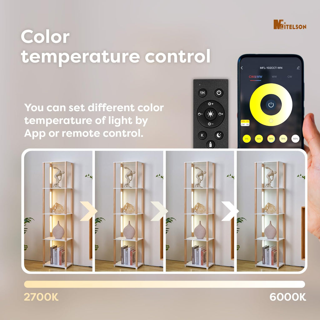 Floor Lamp with Shelves, Modern Shelf Lamp with Remote/APP Control, Standing Lamp, 5-Tier Display Shelf with