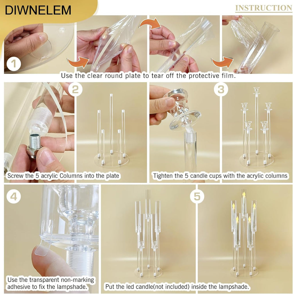 4Pcs Acrylic Candelabra Centerpieces 25.5" Tall Crystal Taper Candlestick with Shade Fit 0.87'' Led Candle