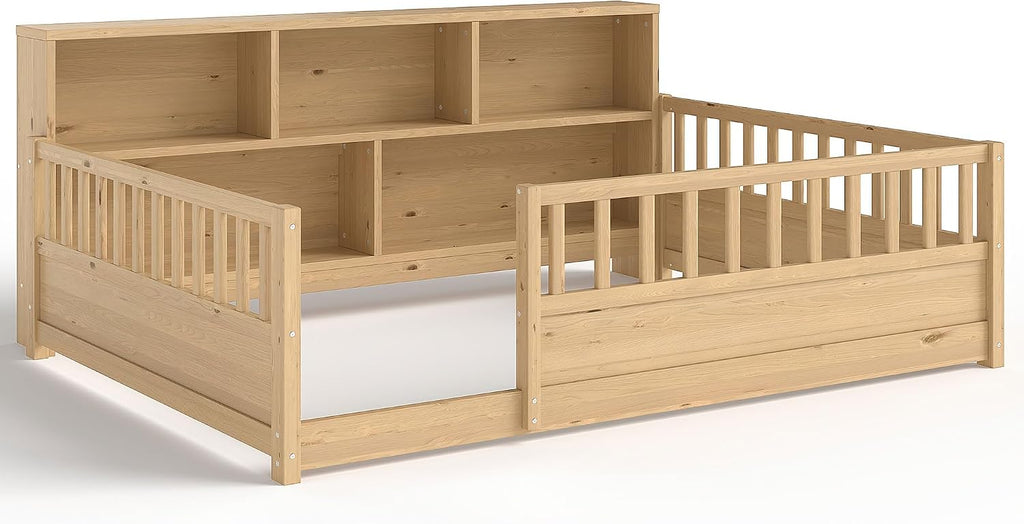Montessori Floor Bed with Bookcase, Floor Bed with High Fence and Storage Shelves, Easy Assemble