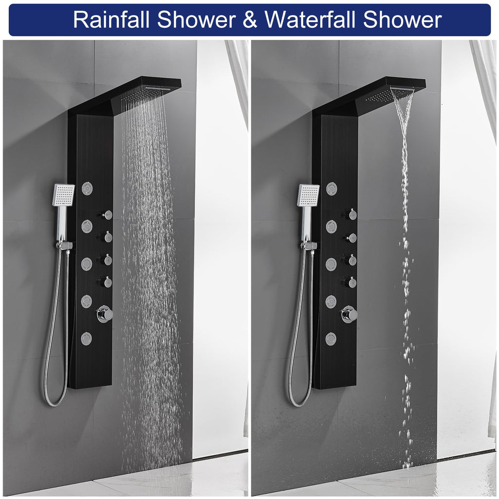 4-in-1 Rainfall Waterfall Shower Panel Tower System, Black
