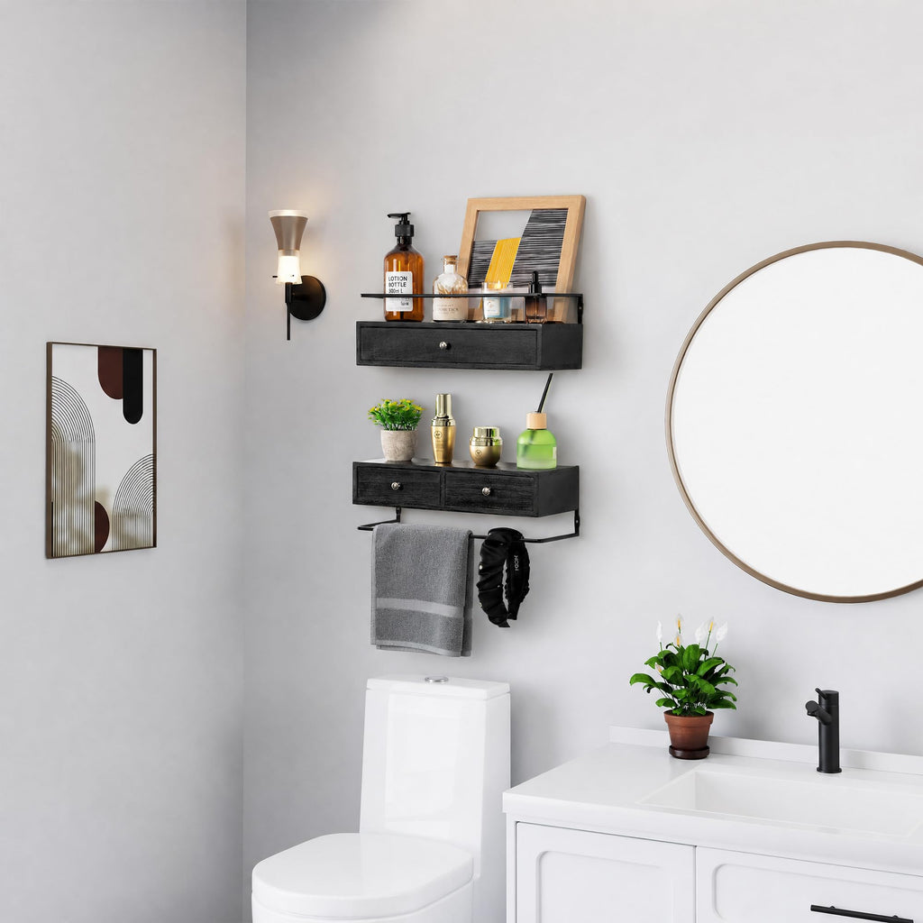 Floating Shelves With Drawers Set of 2, Wall Mounted Storage