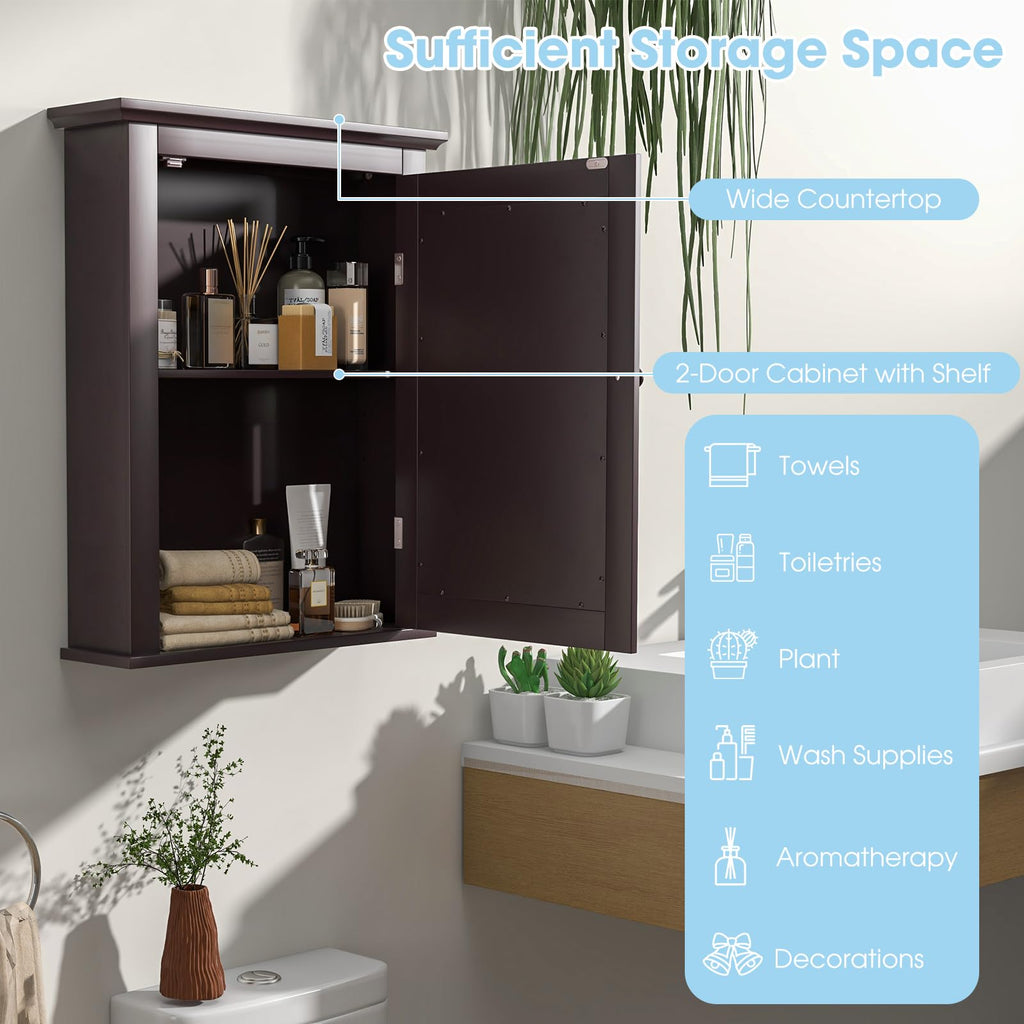 Brown Medicine Cabinet with Mirror, Wall Mounted Adjustable Storage