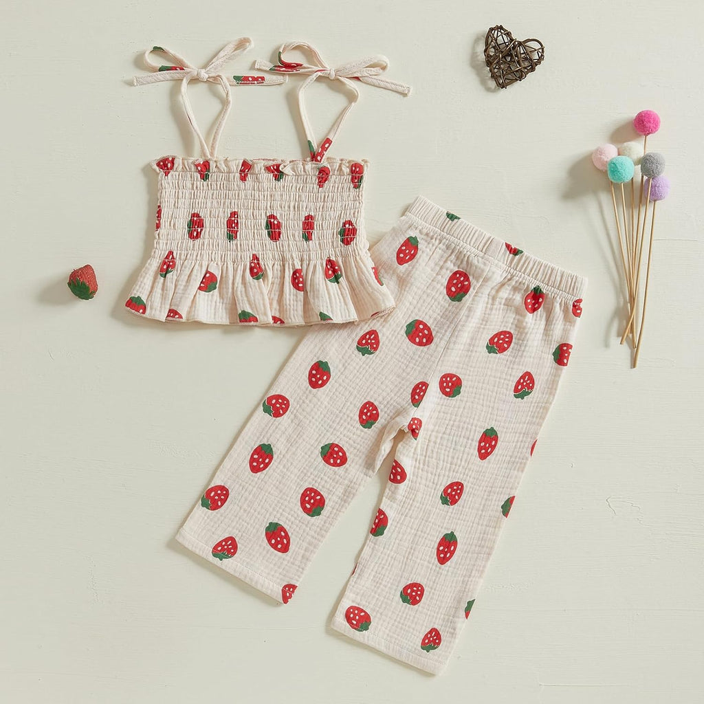 Toddler Baby Girl Strawberry Outfit Cotton Linen Sleeveless Ruffle Crop Tops Pants Set 2Pcs Cute Summer Clothes