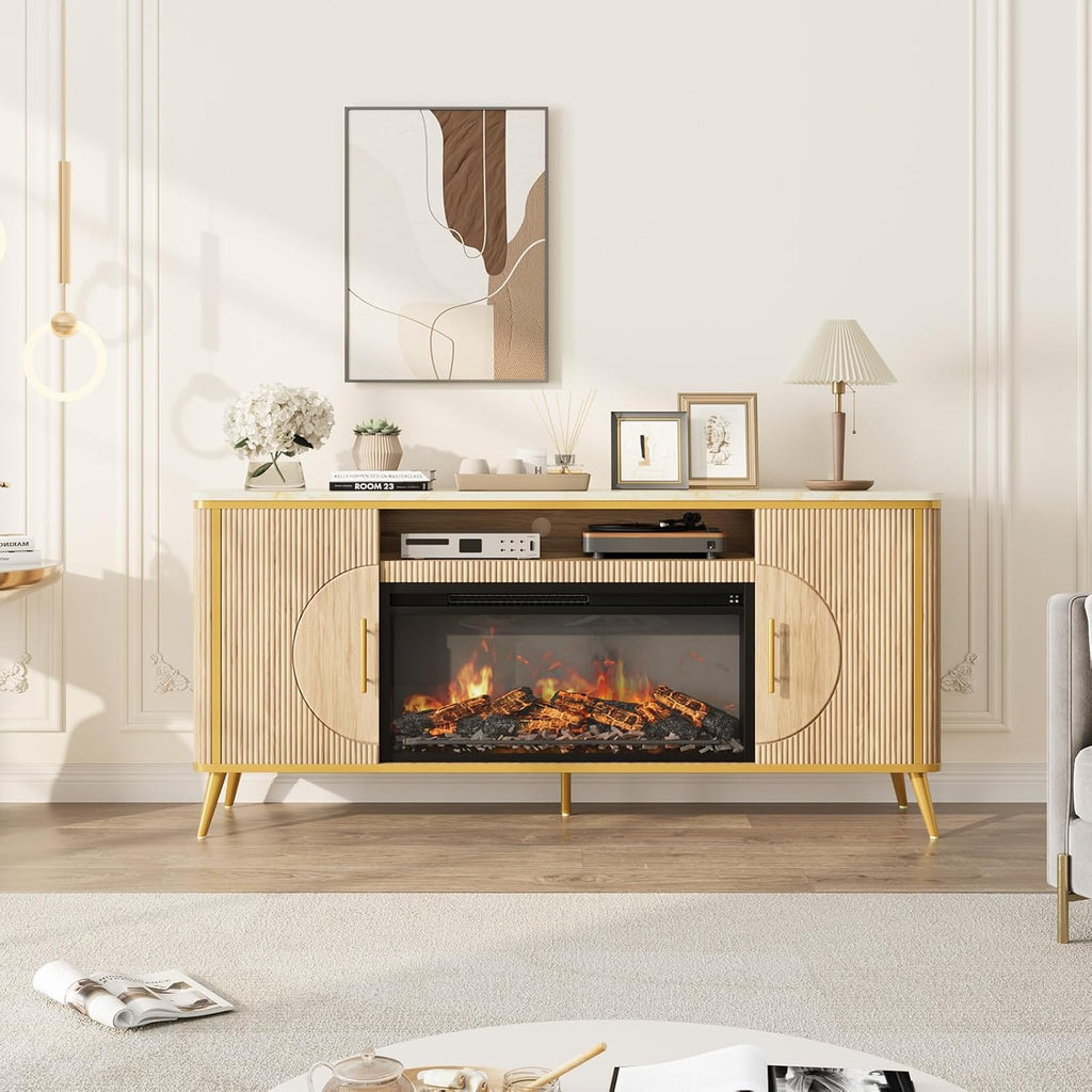 Fluted Fireplace TV Stand Up to 80" TVs, Modern Entertainment Center with 30" Electric Fireplace, Luxury Media