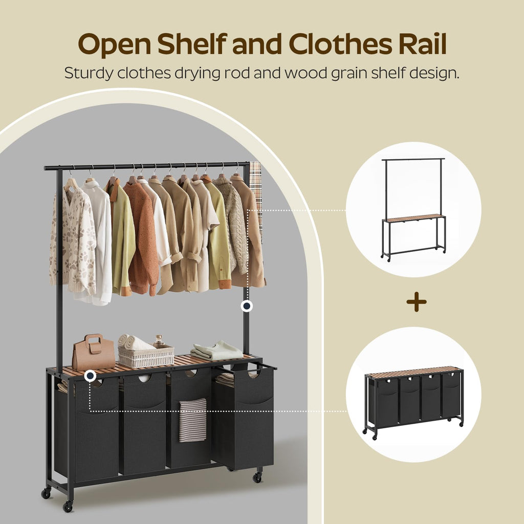 Laundry Sorter 4 Section, Rolling Laundry Hamper with Hanging Rack, Laundry Sorter with Wheels, Hampers for Laundry