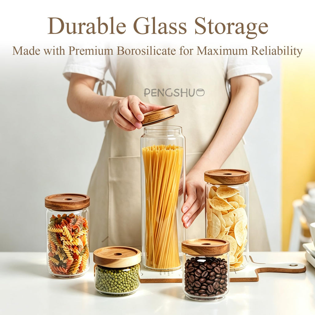 Glass Jars with Airtight Wood Lids - 17 oz Small Kitchen Pantry Storage Containers, Stackable Decorative Canisters