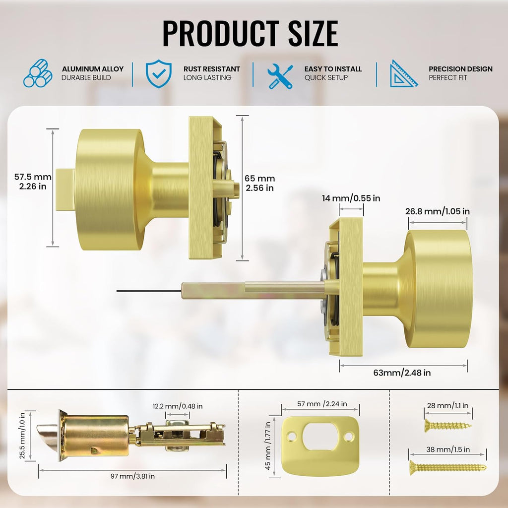 Exterior Entry Door Knob with Lock and Key, Brushed Gold Bedroom Lock