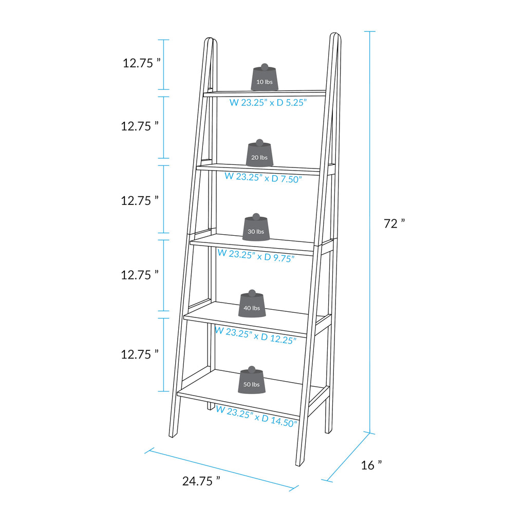100% Solid Wood 5-Shelf Ladder Bookcase, Standard, 72" H, Chestnut