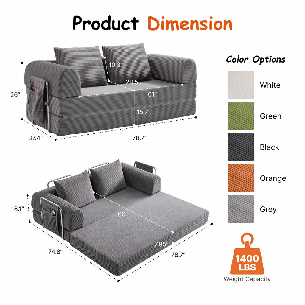 78" Convertible Sofa Bed, Corduroy Pull Out Couch with Fixed Frame & Pocket
