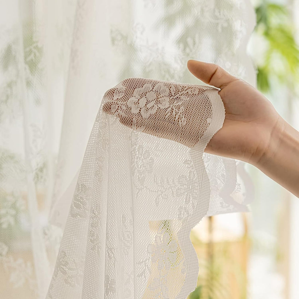 White Lace Sheer Curtains 96 Inches Long Luxury Light Filtering White Drapes Window Treatment for Living Room Bedroom