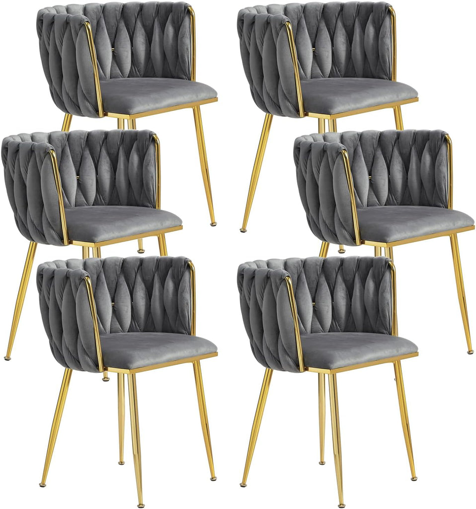 Velvet Dining Chairs Set of 6 with Golden Metal Legs and Woven Backrest - Grey