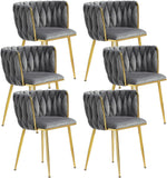 Velvet Dining Chairs Set of 6 with Golden Metal Legs and Woven Backrest - Grey
