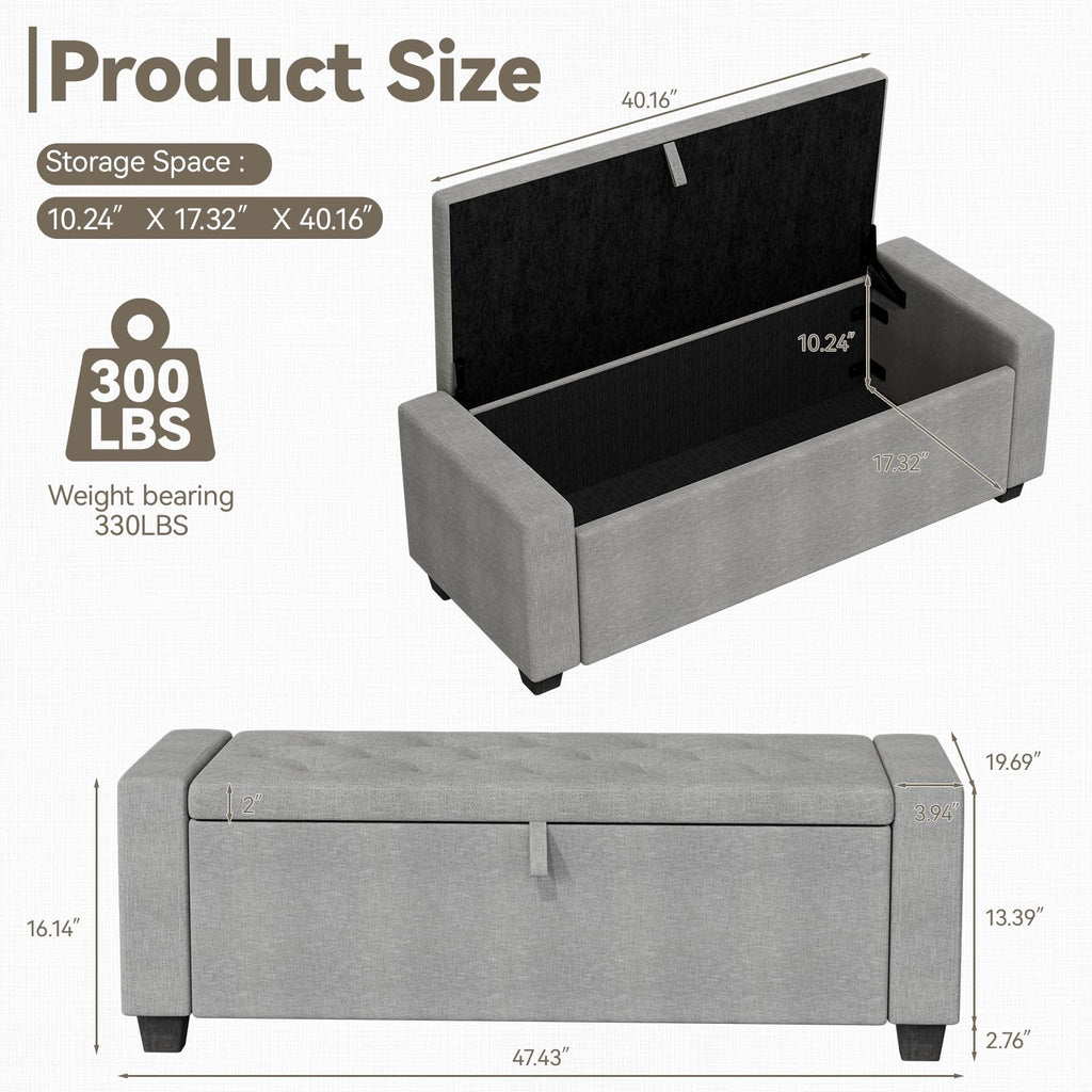 48" Ottoman with Storage, Gray Storage Ottoman Bench, Bench