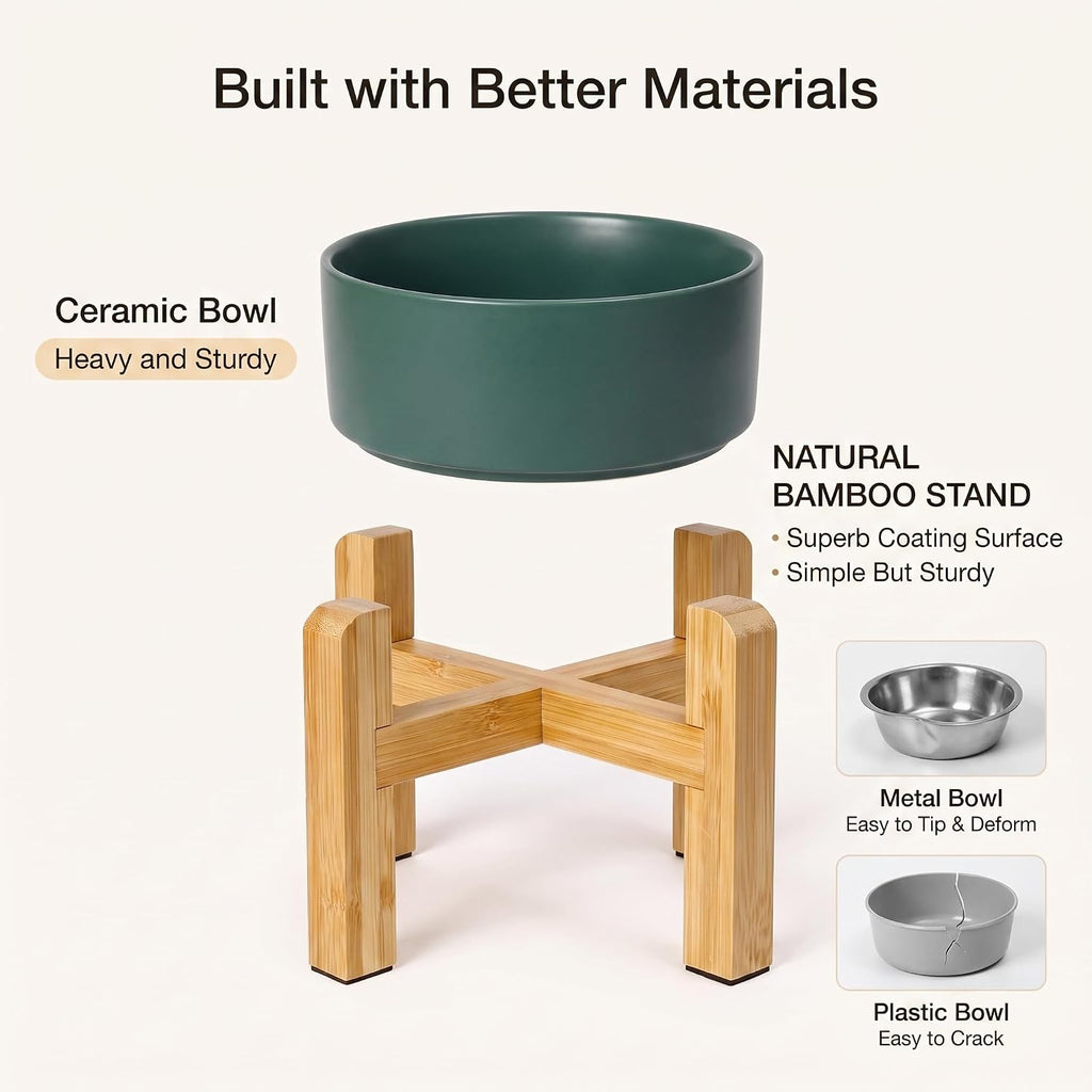 Ceramic Elevated Dog Bowl with Bamboo Stand, for Small & Medium Dog, White