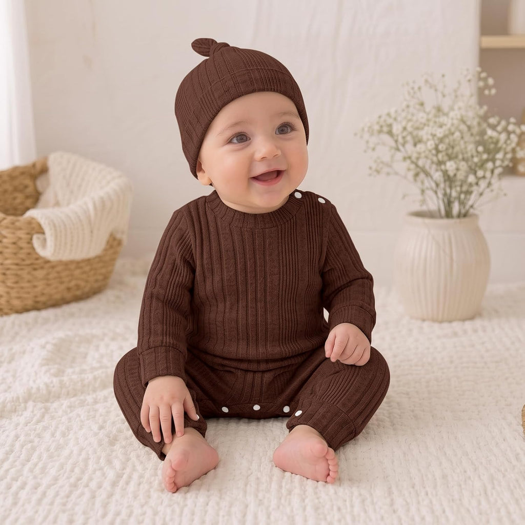 Baby Girl Ribbed Romper Hat Set Long Sleeve Infant Fall Outfit