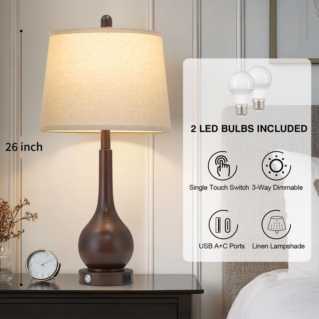 26" Brown Table Lamps Set of 2, Touch Control Bedside Lamps Nightstand, 3-Way Dimmable Farmhouse Lamp with Charging