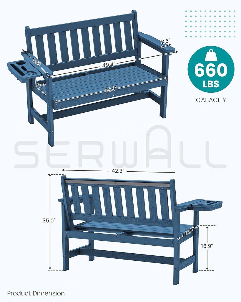 HDPE Outdoor Bench, Weatherproof Porch Bench, 1 Pack, Navy | 660 lbs Weight Capacity, Suitable for 2 Person, HDPE