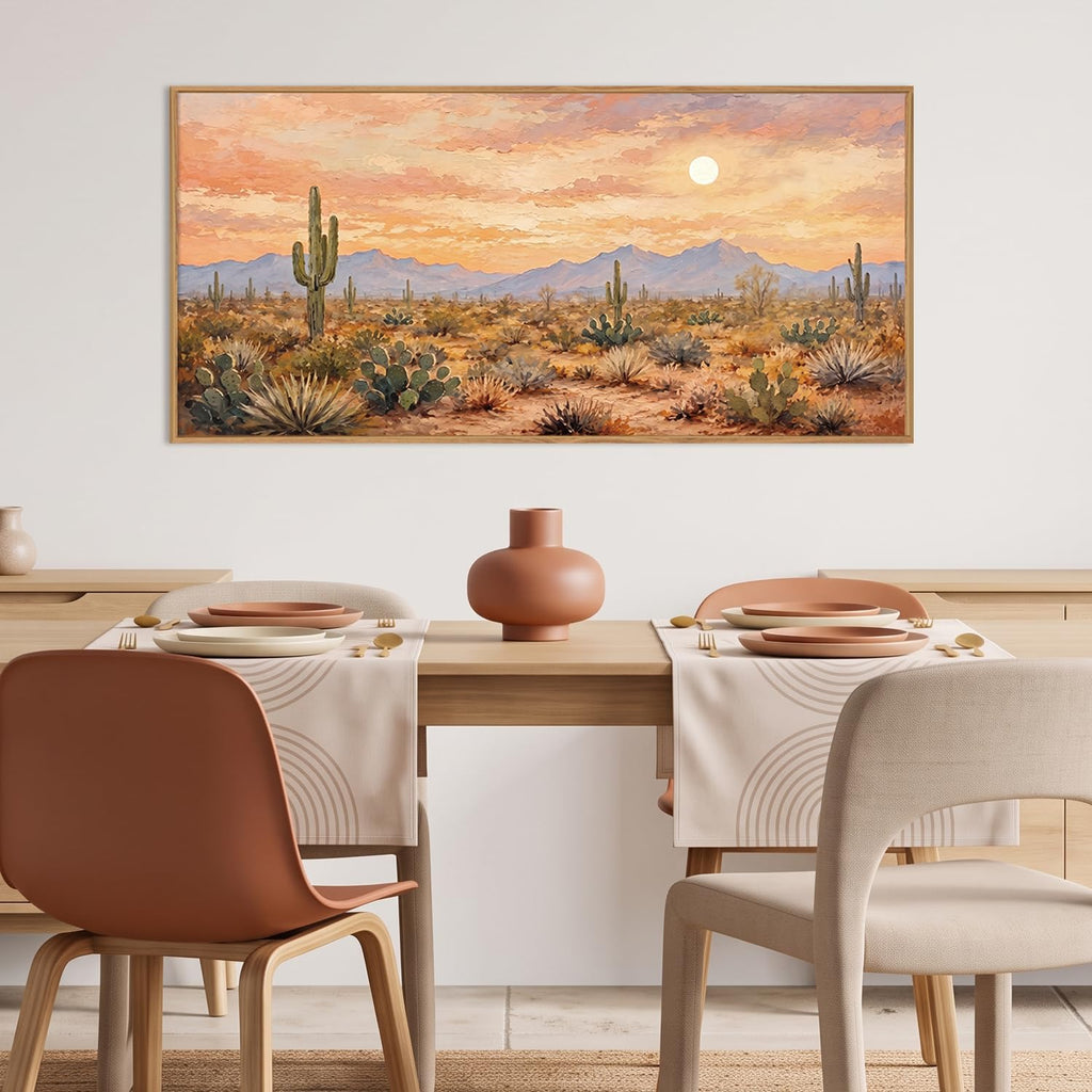 Large Desert Sunset Cactus Framed Canvas Wall Art Set, Vintage Southwestern Landscape Wall Decor, Boho Orange Mexican