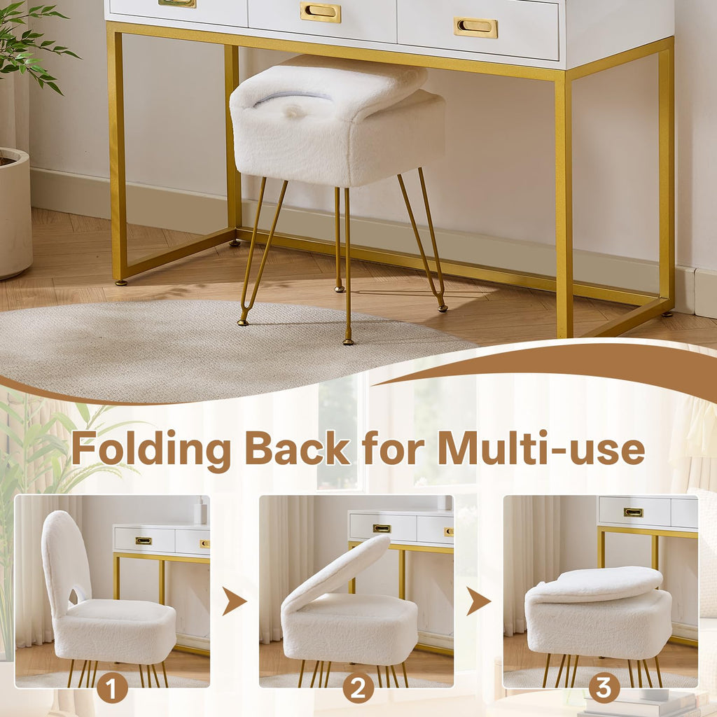 White Vanity Chair with Storage, Folding Back Faux Fur Vanity Stool, Makeup Ottoman with Gold Legs /Bathroom