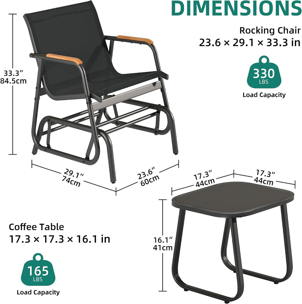 3 Piece Patio Glider Set Textilene Gliders Outdoor Furniture Black | Heavy-duty Patio Glider Set w/Breathable Fabric