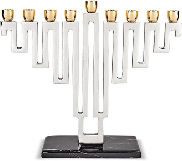 Artistic Nickel Plated Chanukah Candle Traditional Shape in a Modern Maze Hanukkiah Elegant Marble Decal Decorated