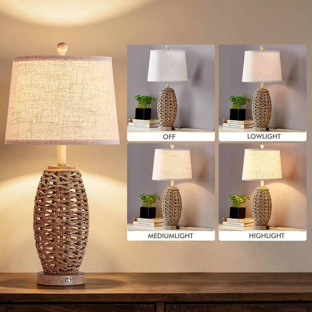 Rattan Table Lamp, Dimmable Touch Lamp for Bedside Table, Rustic Vintage Table Lamp with USB Ports, Farmhouse
