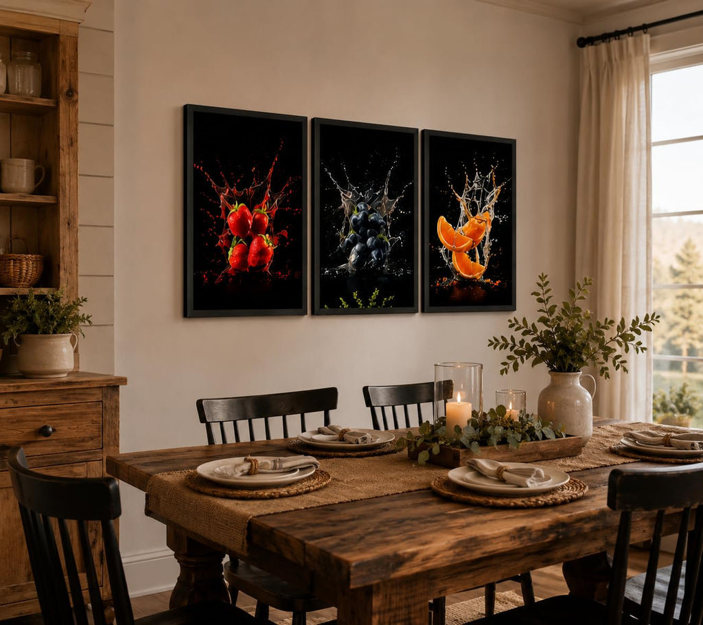 Framed Fruit Canvas Wall Art, 3 Piece Kitchen Decor, 12 x 16 Inch