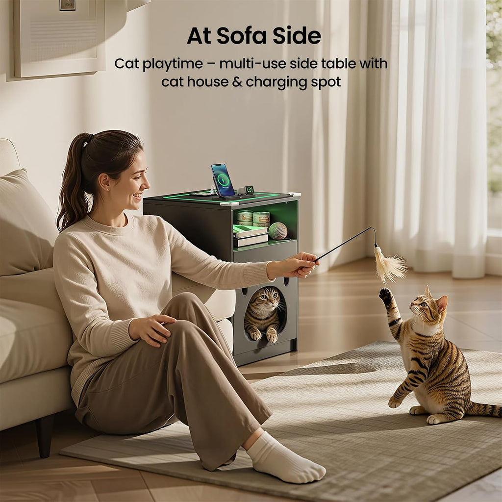 Cat House Night Cabinet with Charging Station & LED Lights, Modern Wooden Night Stand with Cozy Hidden Cat Condo