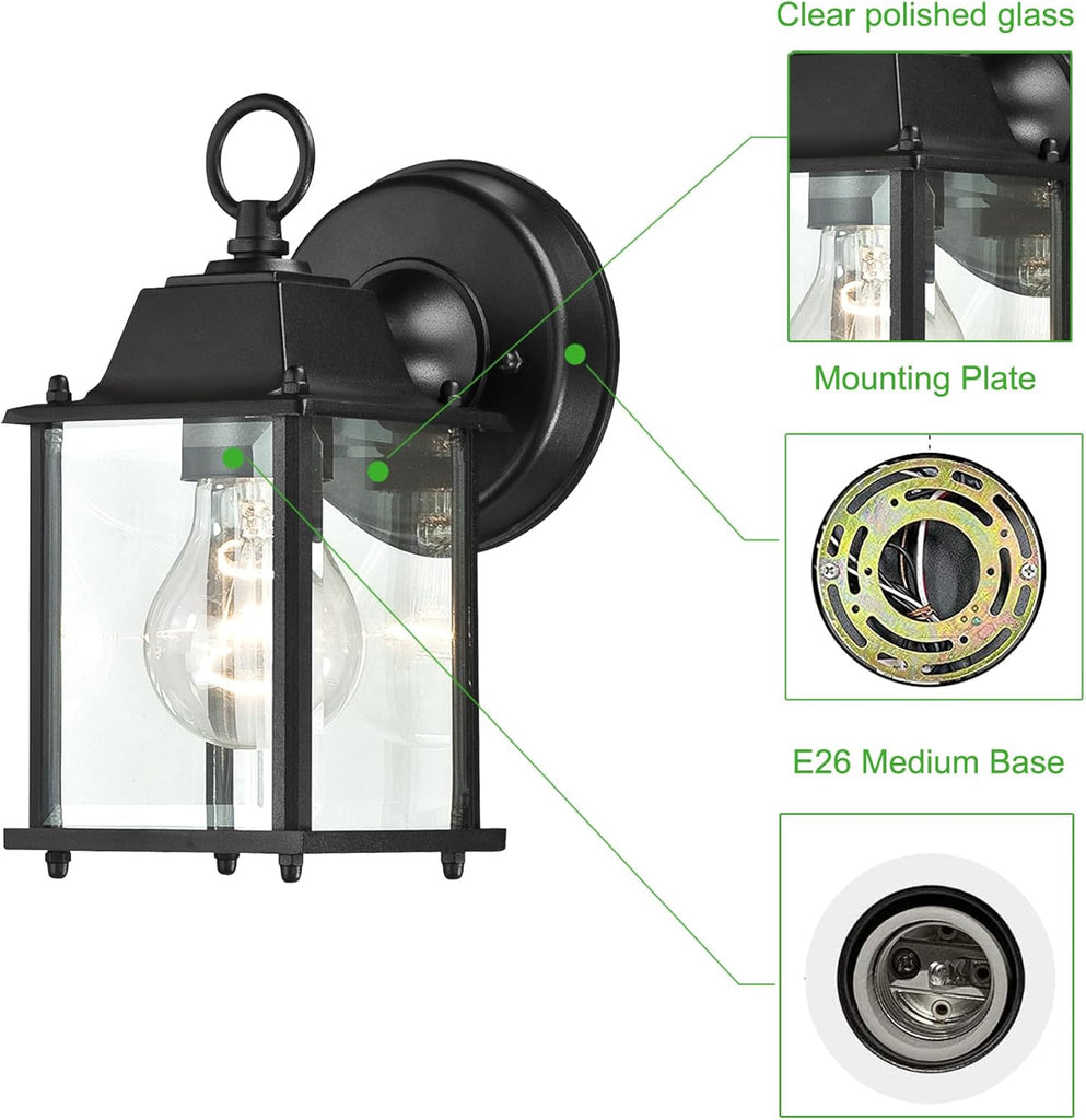 2 Packs Outdoor Wall Lantern, Black Exterior Waterproof Wall Sconce for House, Aluminum Housing Plus Glass