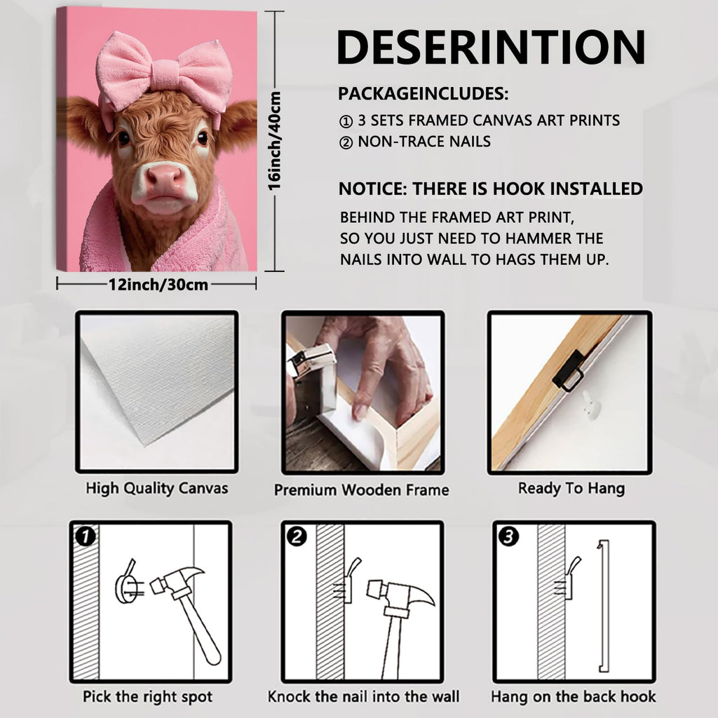 3 Piece Pink Bow Highland Cow Bathroom Wall Art, Cute Japan Cat Art Decor
