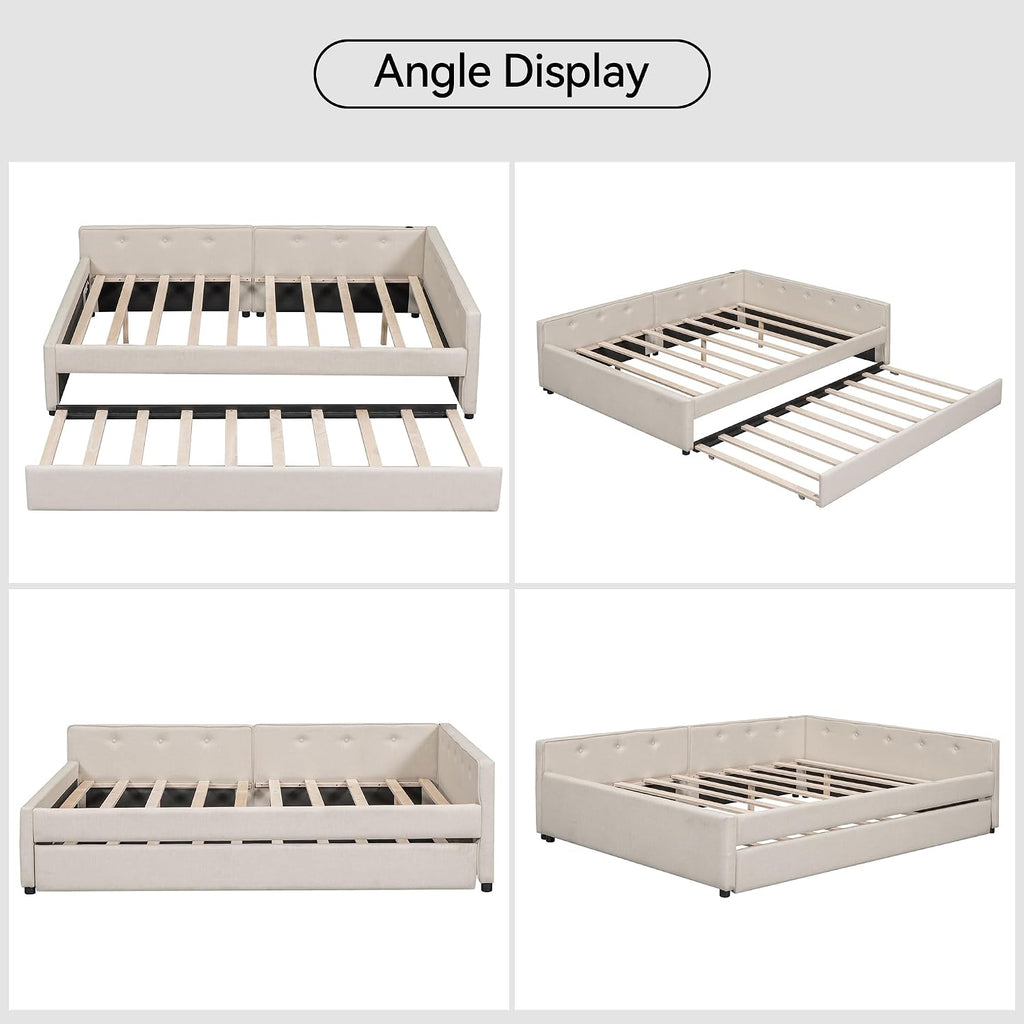 Queen Size Daybed with Storage and USB, Modern Cloud Bed Frame with Twin Size Trundle, Linen Upholstered Platform