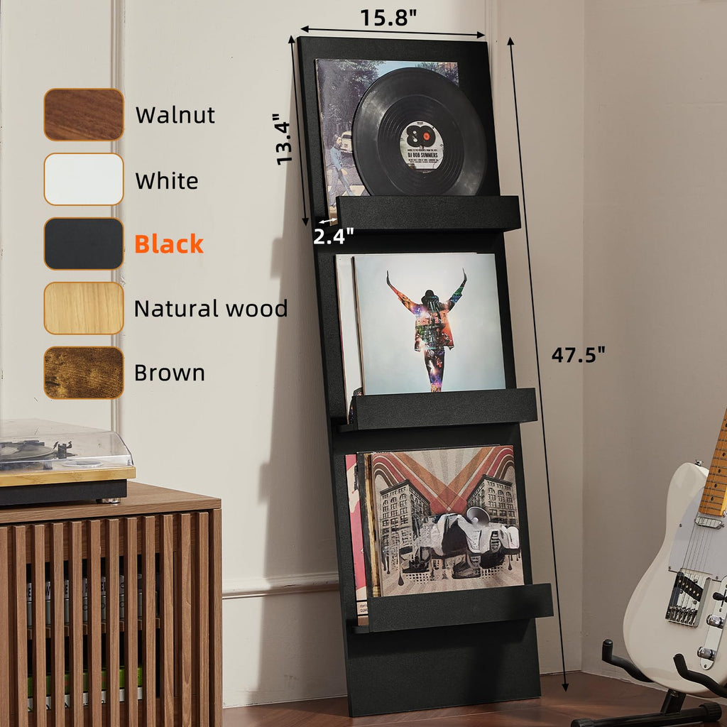 Wall-Leaning Vinyl Record Holder Set of 2 with 3 Tier Display Shelf, 47.5'' Tall Record Storage Magazine Holder