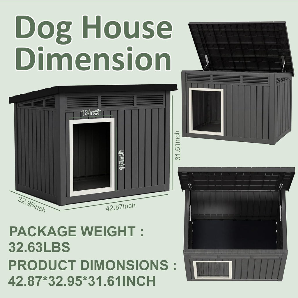 Large Dog House, Weatherproof Resin Large Dog House Outdoor with Sloped Roof & Ventilation, Indoor Outdoor Dog House