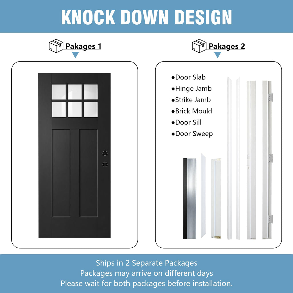 36" x 80" Black 6-Lite Fiberglass Entry Door, Left-Hand Inswing