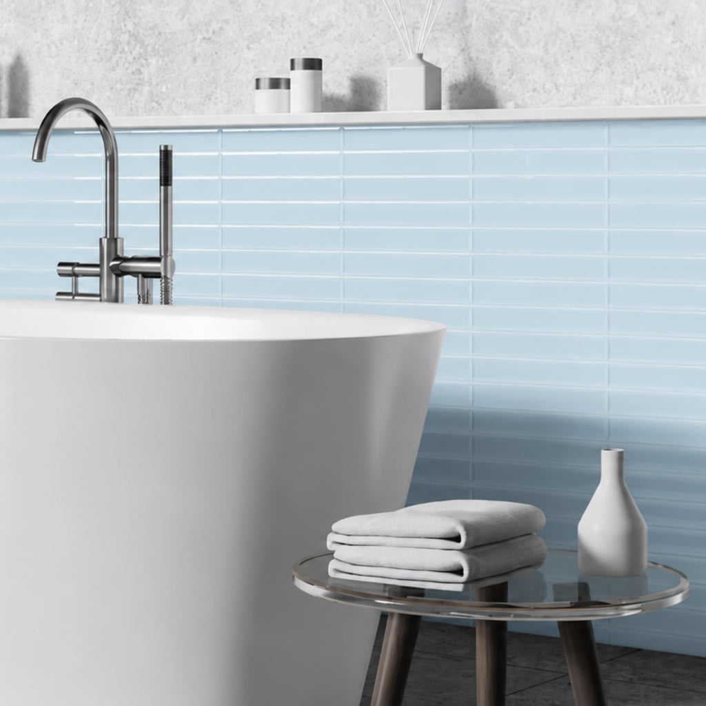 Ice Blue 6x6 Glossy Porcelain KitKat 3D Ribbed Wall Tile, Modern Nordic Textured Decorative Tile Backsplash
