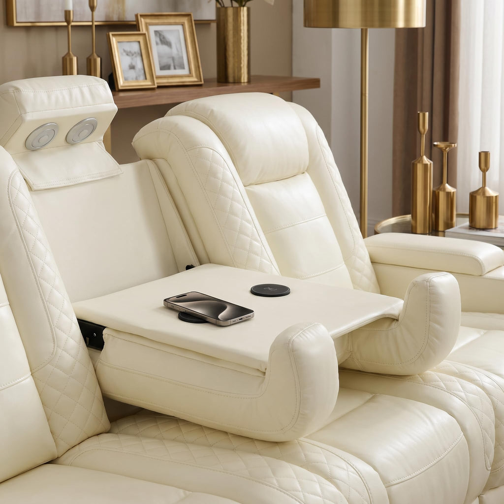 Power Reclining Sectional Sofa, Modern L-Shaped Air Leather Sectional Couch Set, Recliner Sofa Set, with LED Lights, Cup