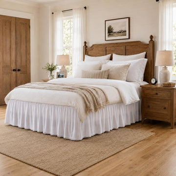 White Bed Skirt King, 14-Inch Drop, 100% Cotton, Split Corners | Crochet trim dust ruffle in lightweight cotton;