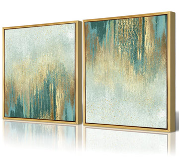 Abstract Wall Art Gold Frame Sage Teal Print Painting 12"x12"x2Pcs