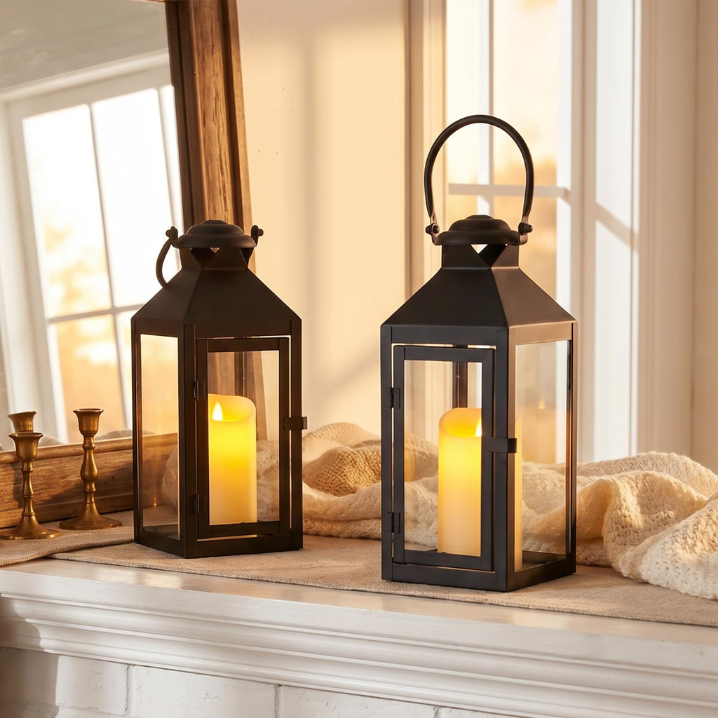 Set of 2 Farmhouse Decorative Lanterns 13" H Hurricane Candle Lanterns Rustic Lanterns Centerpieces Garden Front