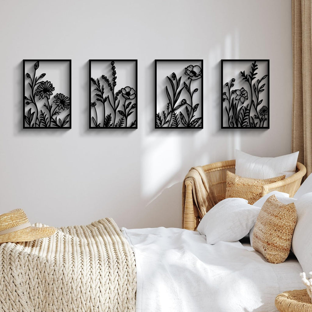 4 Pcs Black Abstract Flowers Metal Wall Art, Minimalist Floral Single Line Wall Décor, 3D Textured Sculptures