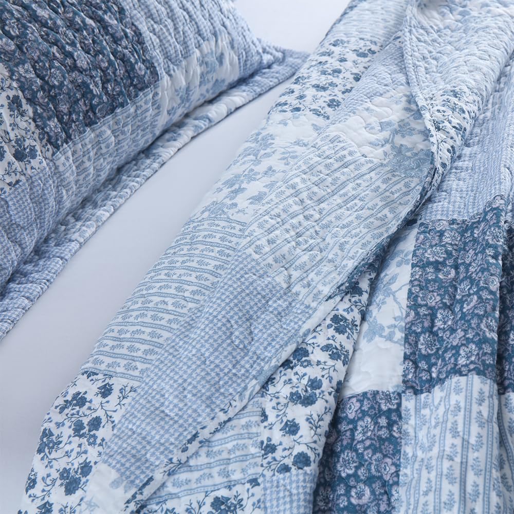 Cotton Bedspread Quilt, Reversible Lightweight Coverlets with 2 Shams, Rose Floral Plaid Pattern Rustic