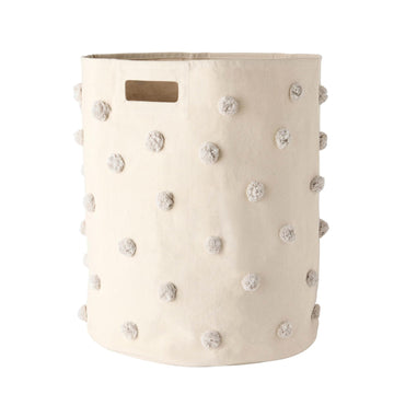 Pom Pom Basket, Hamper, Grey, Cotton Canvas Storage, 18" D x 20" H