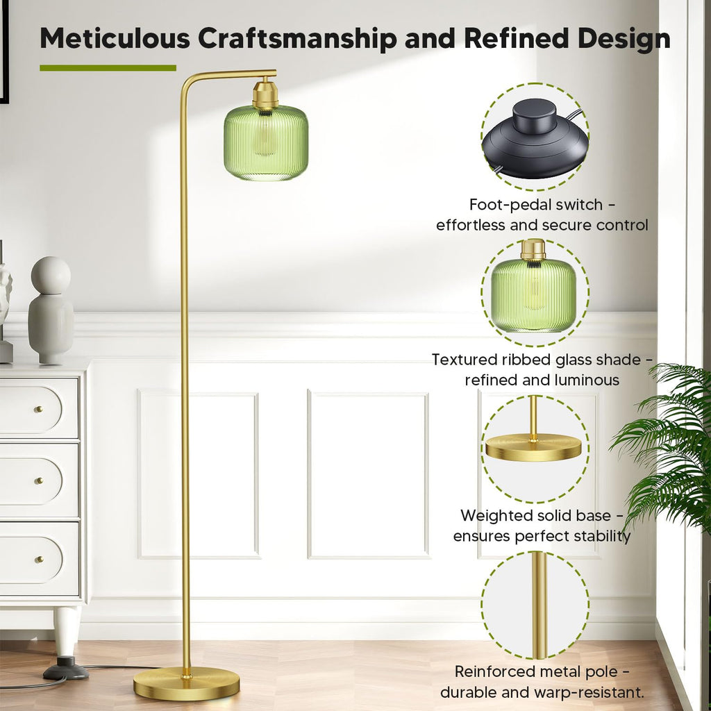 66" Gold Floor Lamp, Standing Lamp with Green Ribbed Glass