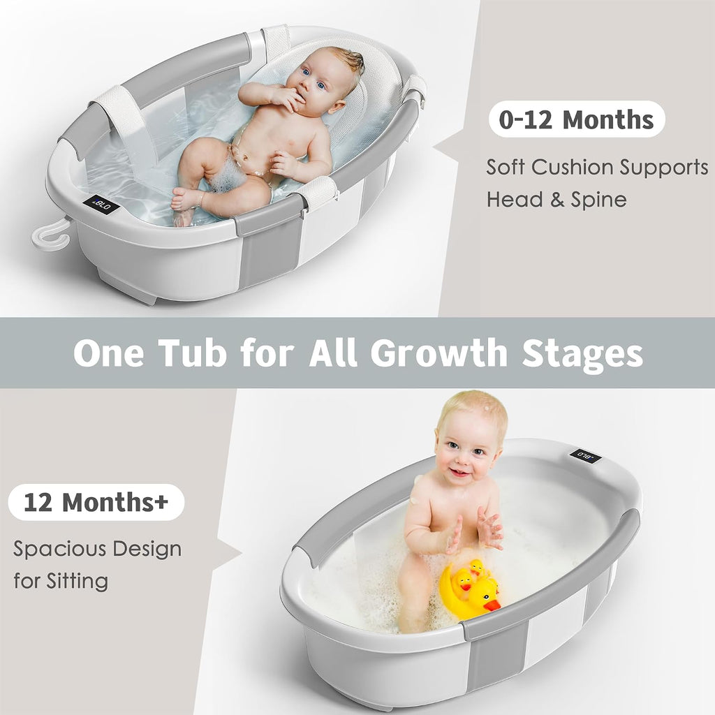 Collapsible Baby Bathtub for Newborn to Toddler 0-36 Months, Spacious Foldable Infant Bath Tub with Thermometer