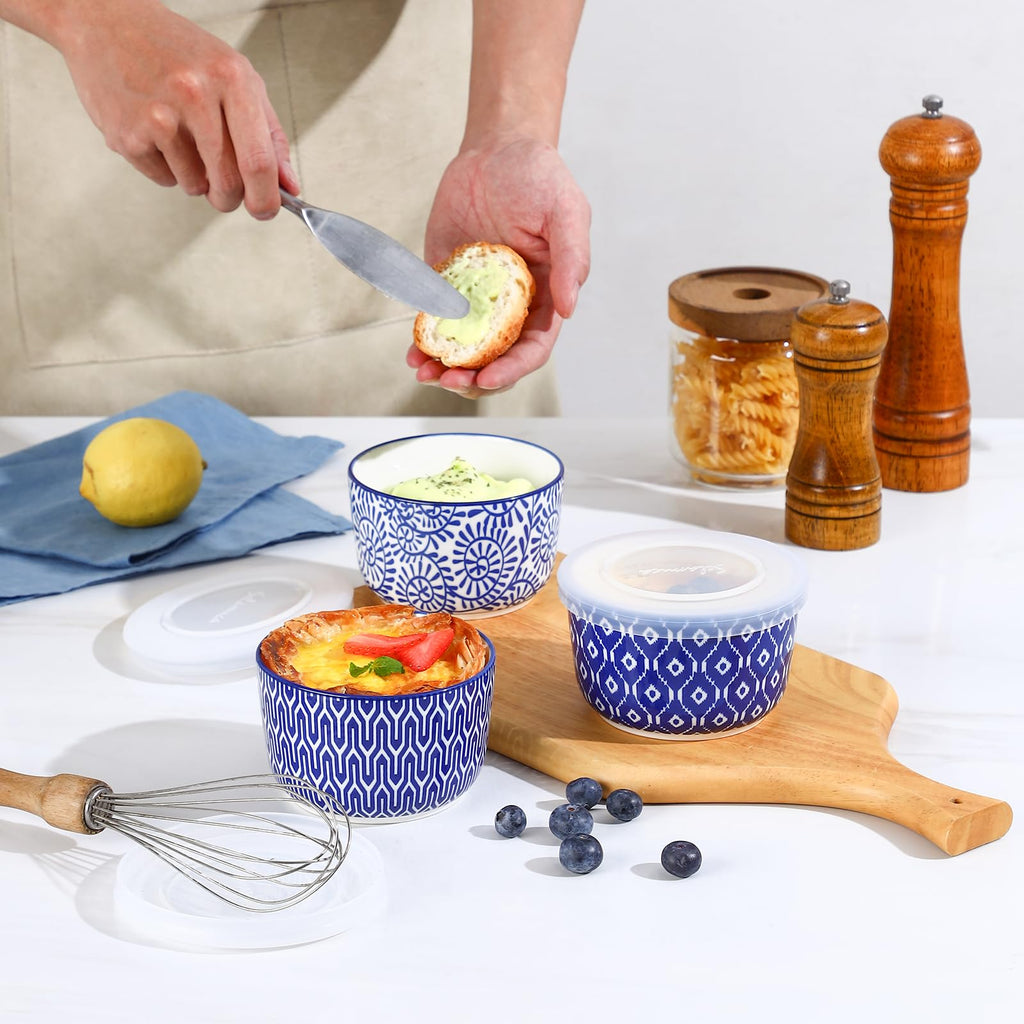 10 OZ Ceramic with Lids, Set of 6, Vintage Blue